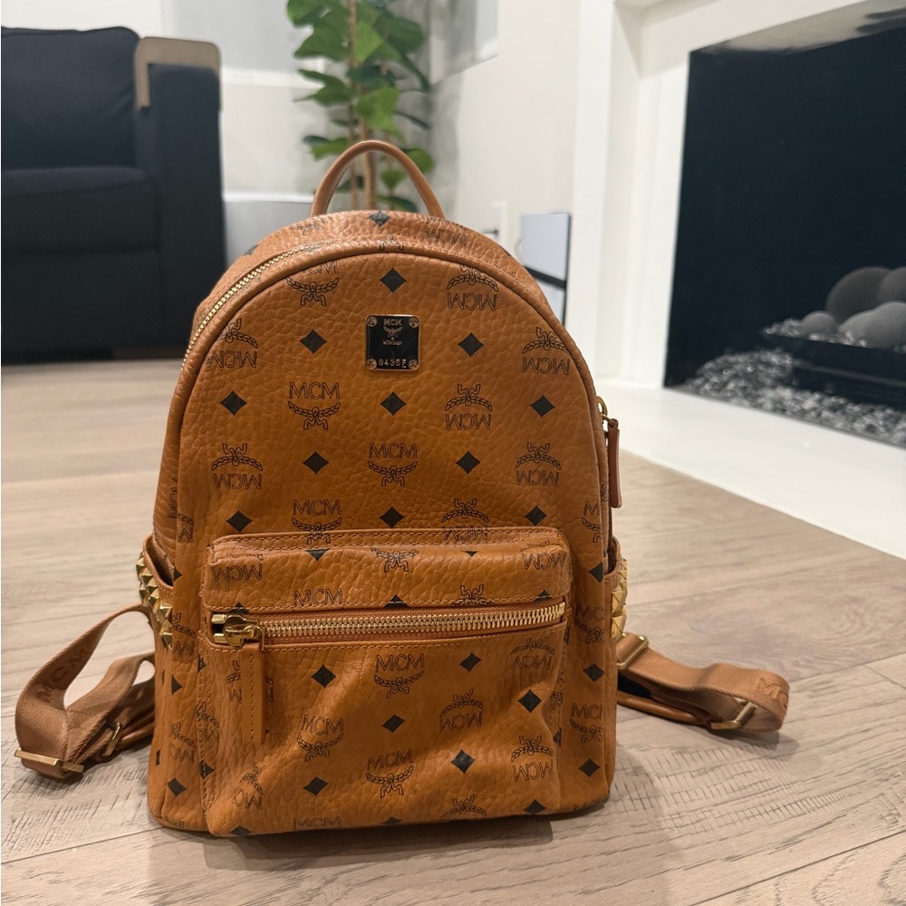 MCM Cognac Monogram Mini Backpack with Gold Hardware